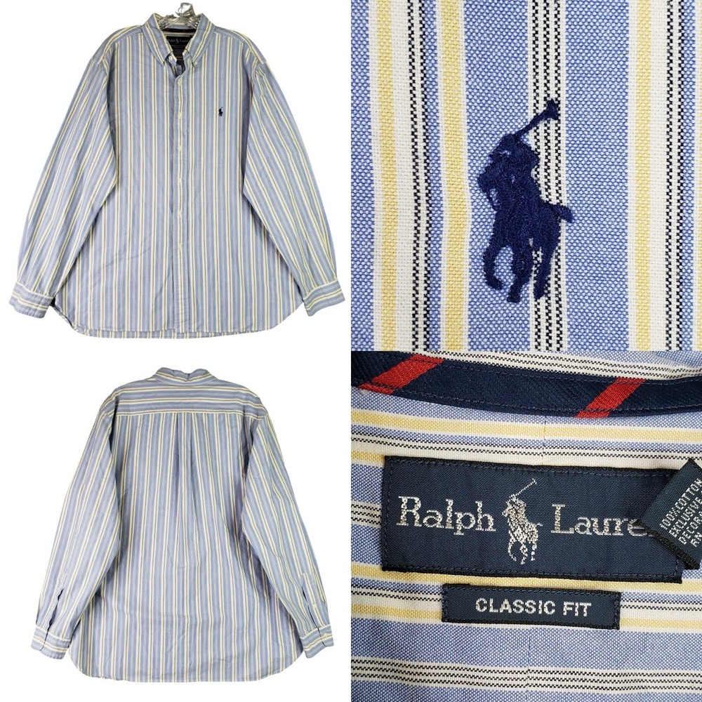 Polo Ralph Lauren Shirt LS Button Down Blue Yellow Striped Men's Size XL